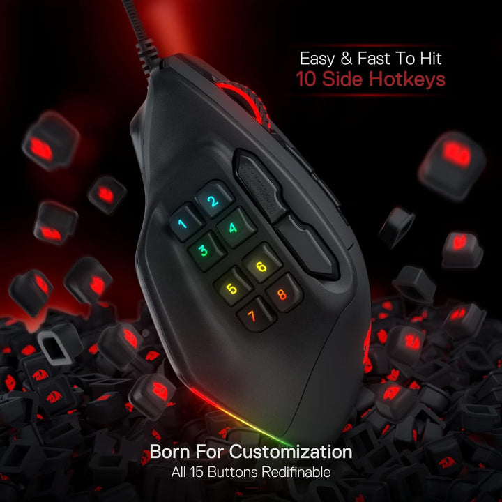 Redragon M811 Aatrox MMO Gaming Maus, 15 programmierbare Tasten kabelgebundene RGB Gamer Maus mit er