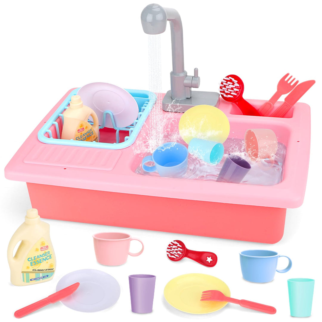 deAO Kinderspielset Pretend Kitchen Sink mit simuliertem Wasserhahn und enthaltenem Küchenzubehör -