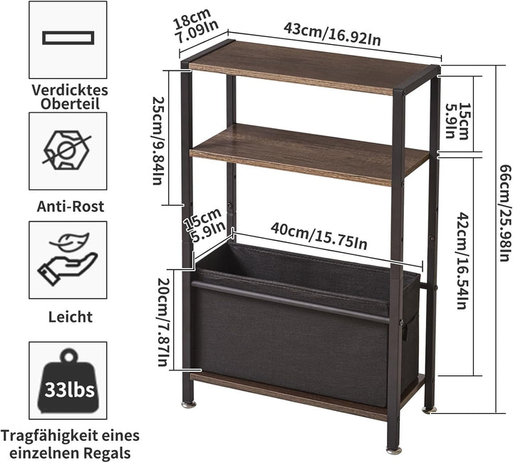 Beistelltisch mit Stauraum, 3-stufiger schmaler Couchtisch mit Stoffkorb, schmaler Nachttisch, Klein