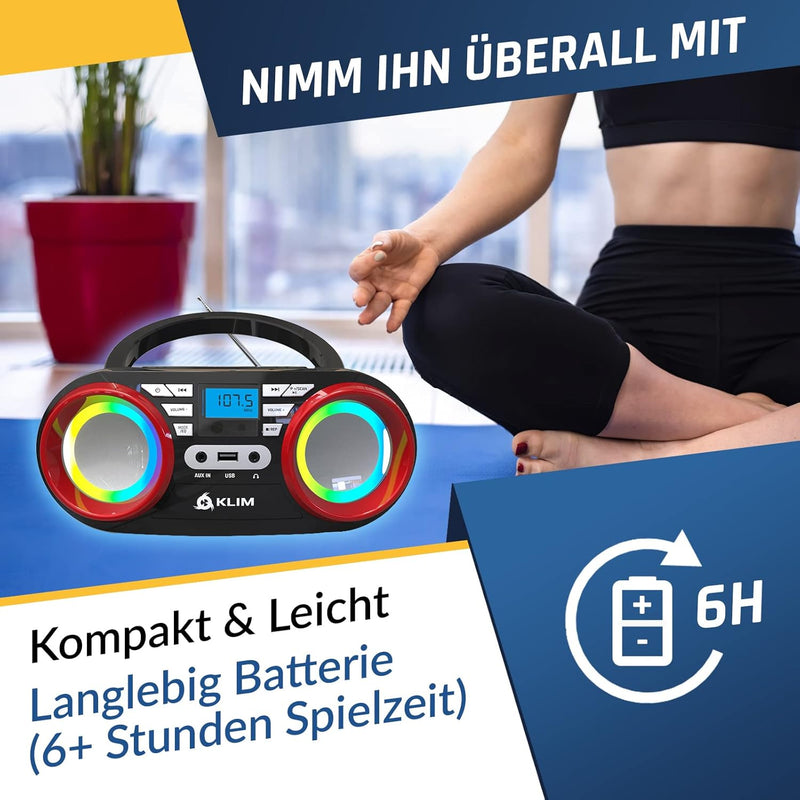 KLIM B3 Tragbarer CD Player - NEU 2024 - FM Radio, CD, MP3, Bluetooth, AUX, USB, RGB LED - CD Boombo