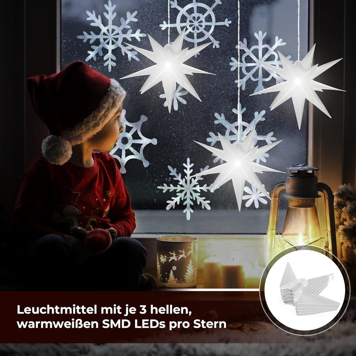 Leuchtstern 3D mit LED Beleuchtung | 3er Set | weiss | Ø 27 cm| 3D Stern mit 15 Spitzen | wetterfest