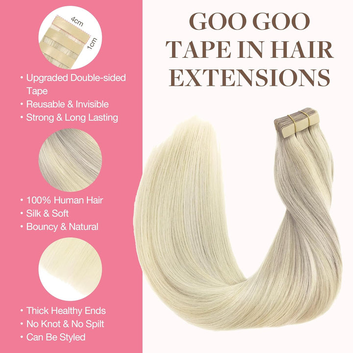 GOO GOO Tape in Extensions Echthaar, 35cm 20pcs 50g Aschblond bis Goldblond und Platinblond, Tape in
