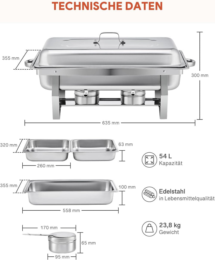 Wilprep Chafing Dish Edelstahl Buffet-Set Warmhaltebehälter Speisenwärmer Wärmebehälter Rechaud für