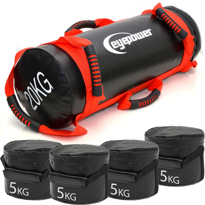 eyepower 20kg Profi Power Bag + 4 Wasserdichte Kettlebell Gewichte mit Eisensand - Besser als Geräte