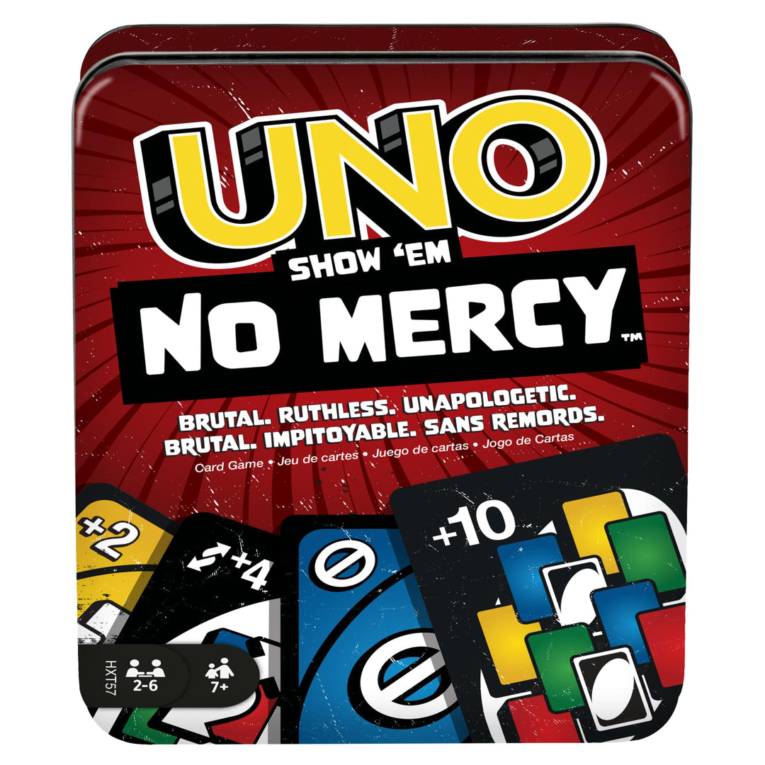 Mattel Games UNO No Mercy Kartenspiel in Einer Aufbewahrungsdose zum Mitnehmen für Kinder, Erwachsen