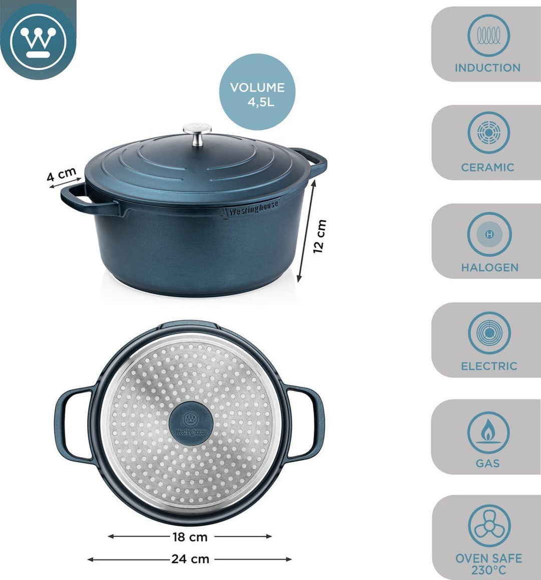 Westinghouse PERFORMANCE SERIES Kochtopf gross, 24cm grosser Kochtopf für Induktion & alle Herdarten