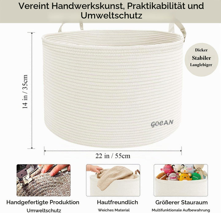 GOCAN XXXL Gross Wäschekorb Aufbewahrungskorb für Spielzeug Baumwolle Seil Korb D55 X H35cm Korb zur