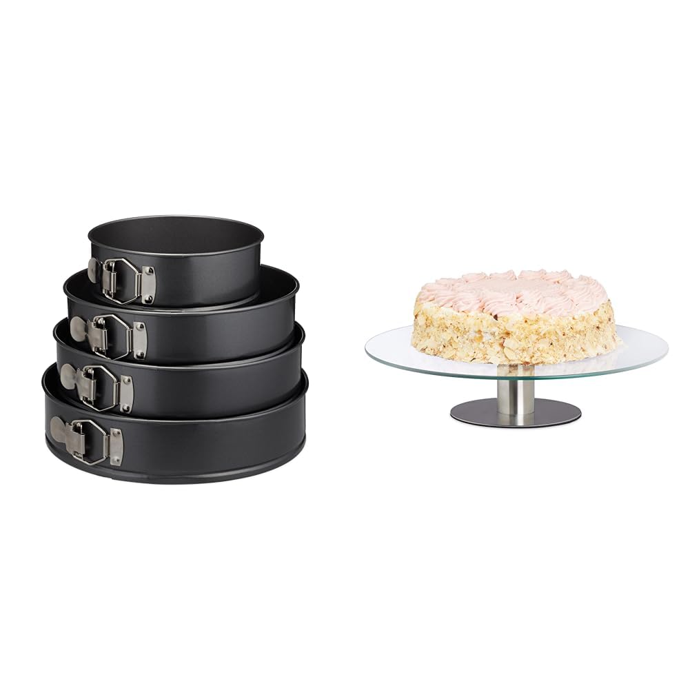 Relaxdays, grau-metallic Springform Set, 4-teilig, rund, Ø18/24/26/28 cm, Kuchenbackform &amp; Tortenpla