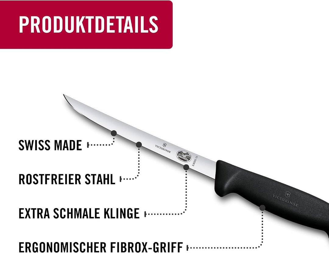 Victorinox Fibrox Ausbeinmesser, Scharfes Küchenmesser für Geflügel und Fisch, 15 cm, Gerade Klinge,