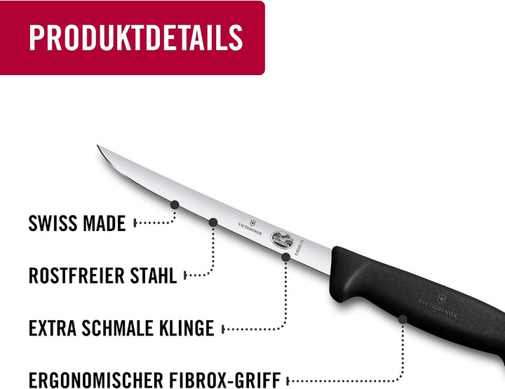 Victorinox Fibrox Ausbeinmesser, Scharfes Küchenmesser für Geflügel und Fisch, 15 cm, Gerade Klinge,