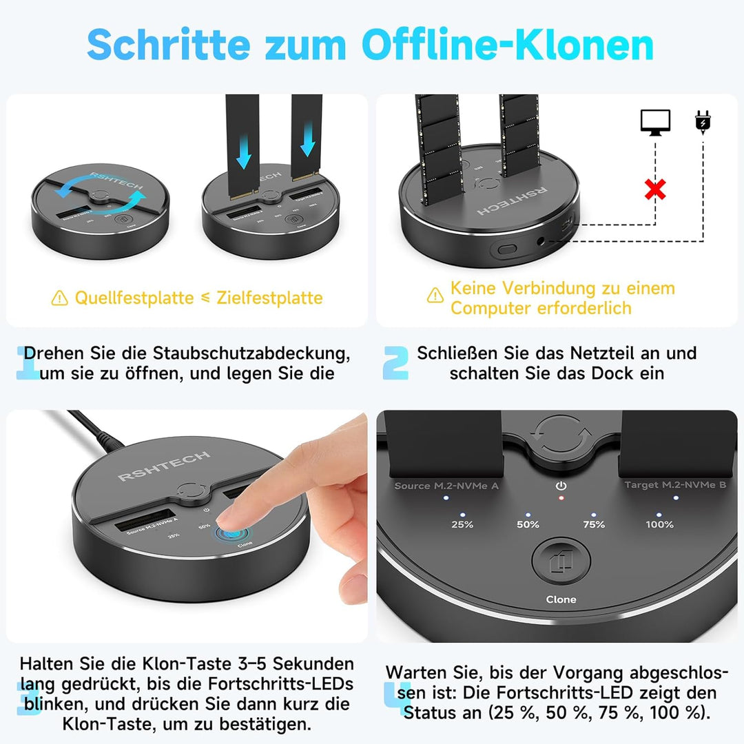 RSHTECH Dual Bay M.2 Nvme Clone Docking Station - M.2 SSD External Dock - Dockingstation Unterstützt