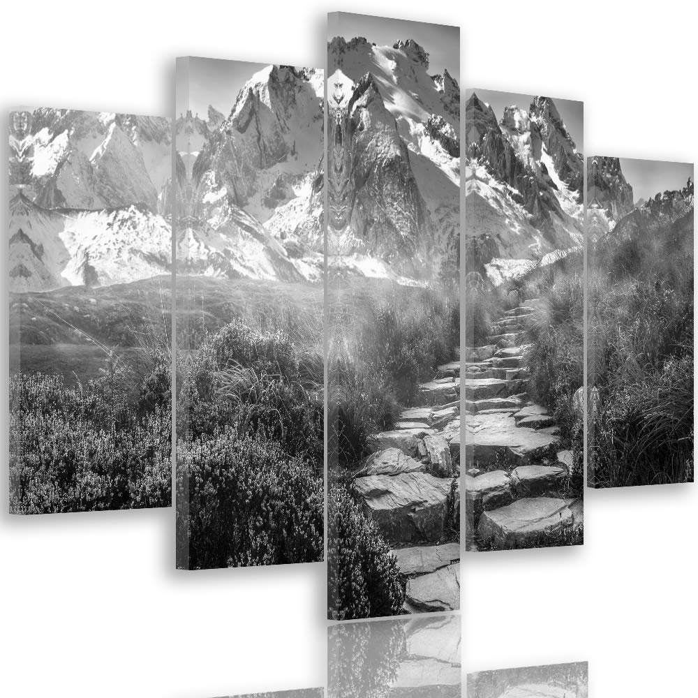 Feeby Bilder Berge 300x140 cm - Leinwandbild 5 Teilig XXL Kunstdruck Pfad Steine grau Leinwandbild X