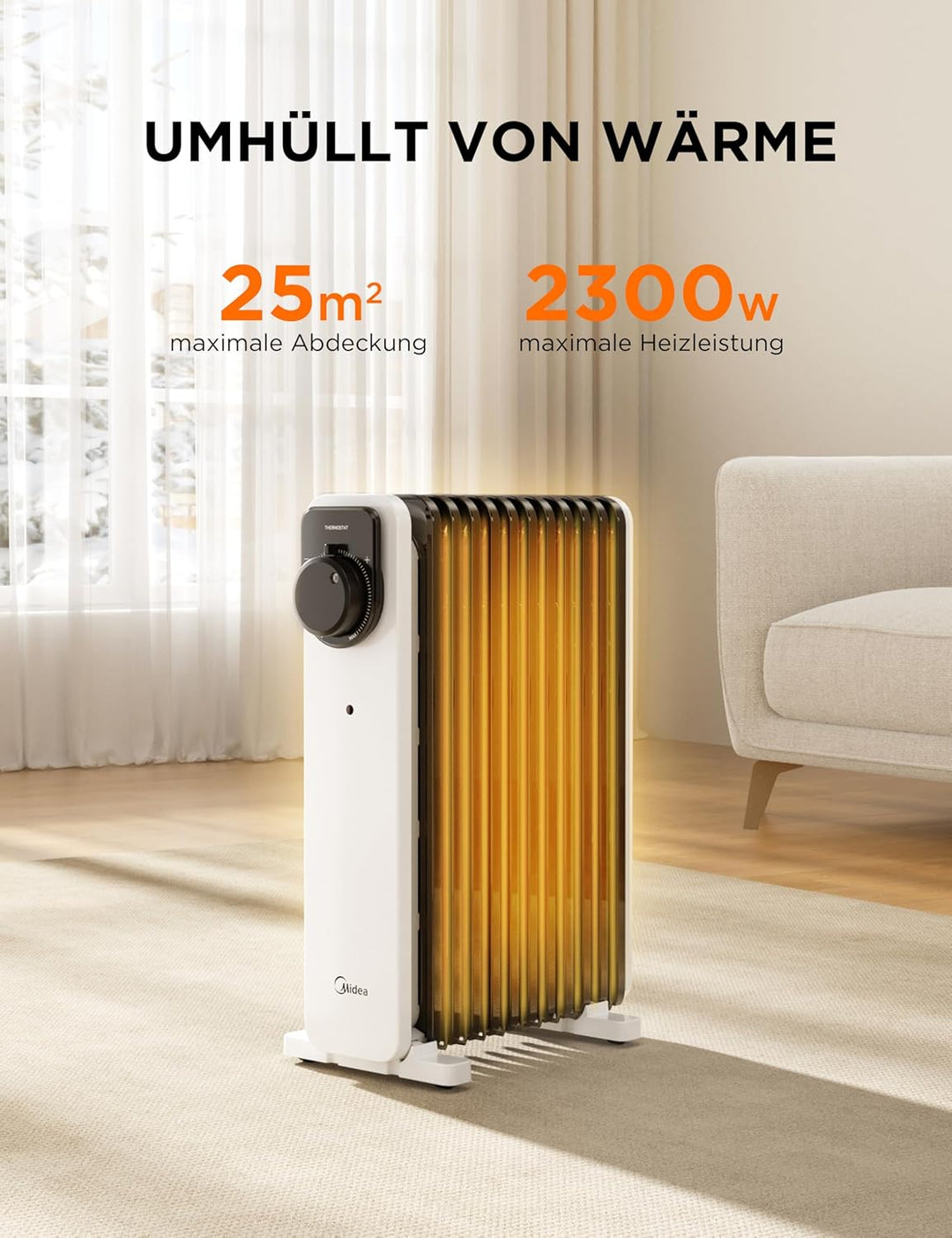 Midea Ölradiator, 2300W 11 Rippen tragbarer Elektroheizer mit Drehknopfregelung und einstellbarem Th