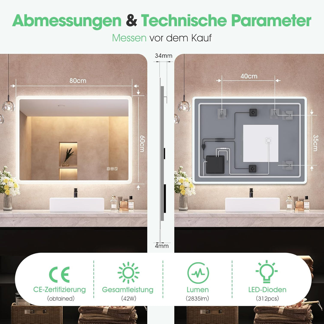 S'bagno Badspiegel-mit-Beleuchtung 80x60cm, Led-Badezimmerspiegel-mit-Licht, Bluetooth, Entfoggen, 3