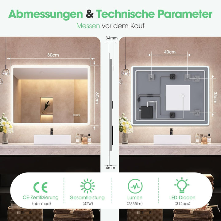 S'bagno Badspiegel-mit-Beleuchtung 80x60cm, Led-Badezimmerspiegel-mit-Licht, Bluetooth, Entfoggen, 3