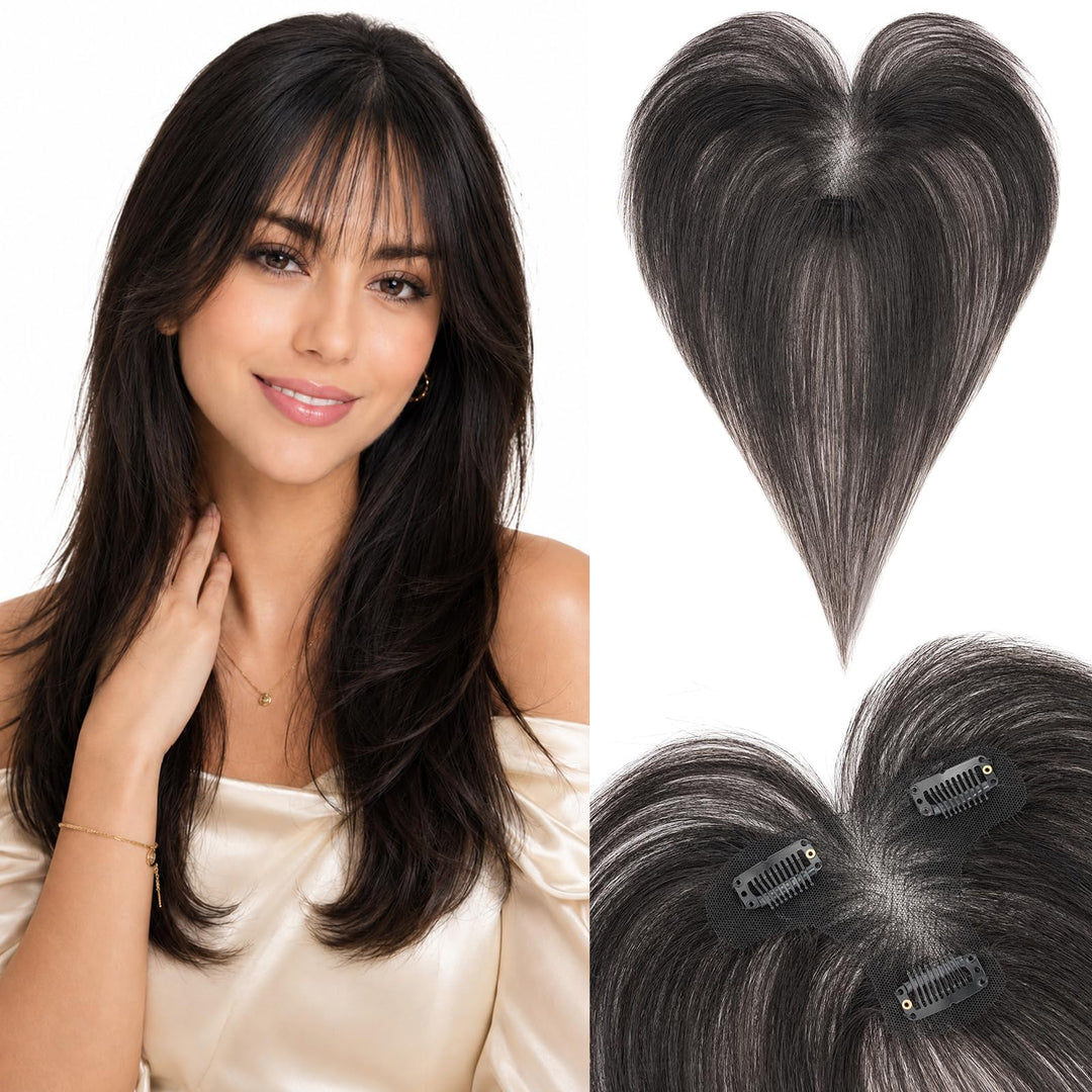 Silk-co Hair Topper Echthaar, 9x12cm handgebunden Basis Toupet Damen Naturschwarz mit Pony 27cm 