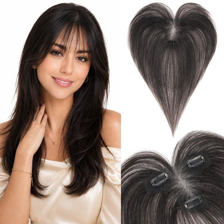 Silk-co Hair Topper Echthaar, 9x12cm handgebunden Basis Toupet Damen Naturschwarz mit Pony 27cm 
