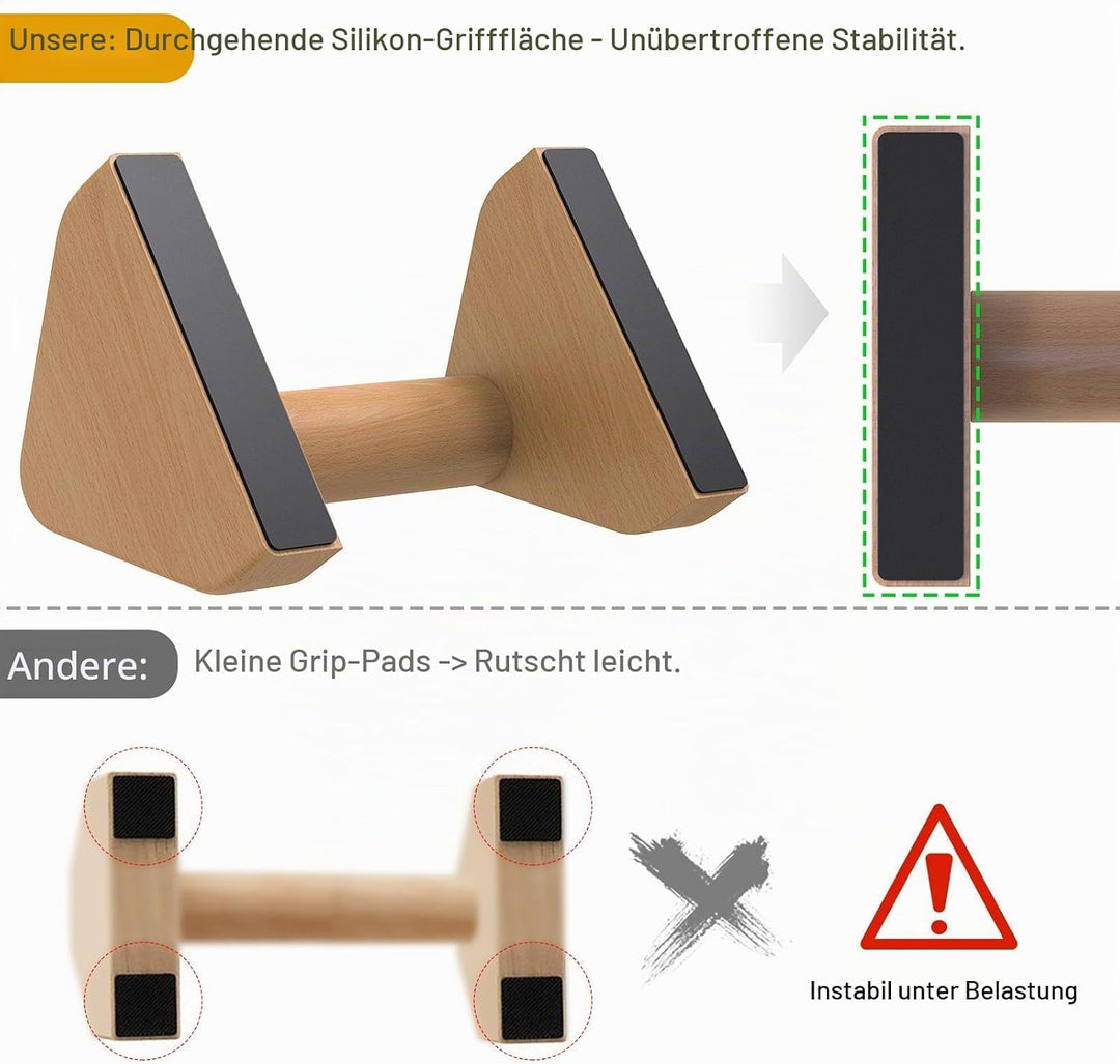 Kipika Push-up-Stangen aus Vollholz – 4-Zoll-Push-up-Griffe aus Buchenholz für den Boden, rutschfest