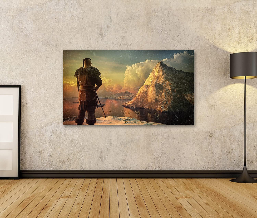 islandburner Bild auf Leinwand Wikinger Krieger Meer Schnee Berg Bilder Wandbilder Poster, 80L x 40B