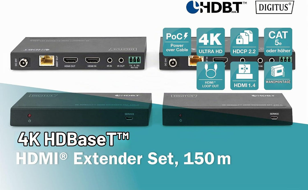 DIGITUS HDMI Extender - 4k/60Hz - Sender &amp; Empfänger - HDBaseT 1.0 - HDMI 2.0 - Reichweite bis 150m