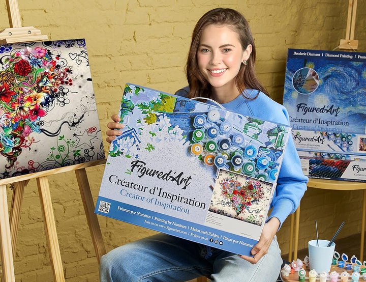 Figured'Art Malen Nach Zahlen Erwachsene Mit Rahmen Blumenherz - Paint by Numbers Basteln DIY Bastel