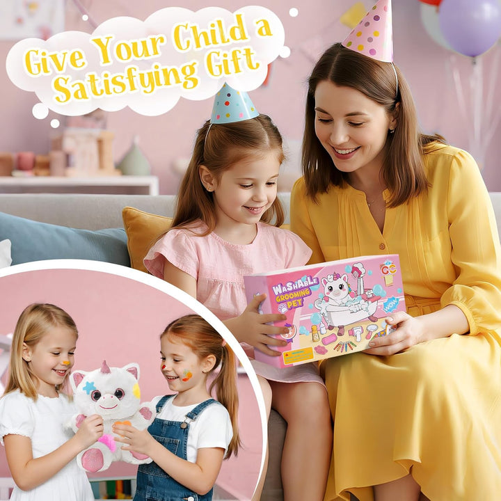 Einhorn Geschenke für Mädchen, Spielzeug Einhorn Kuscheltier mit Drück-Wasser-Badewanne & Waschbaren