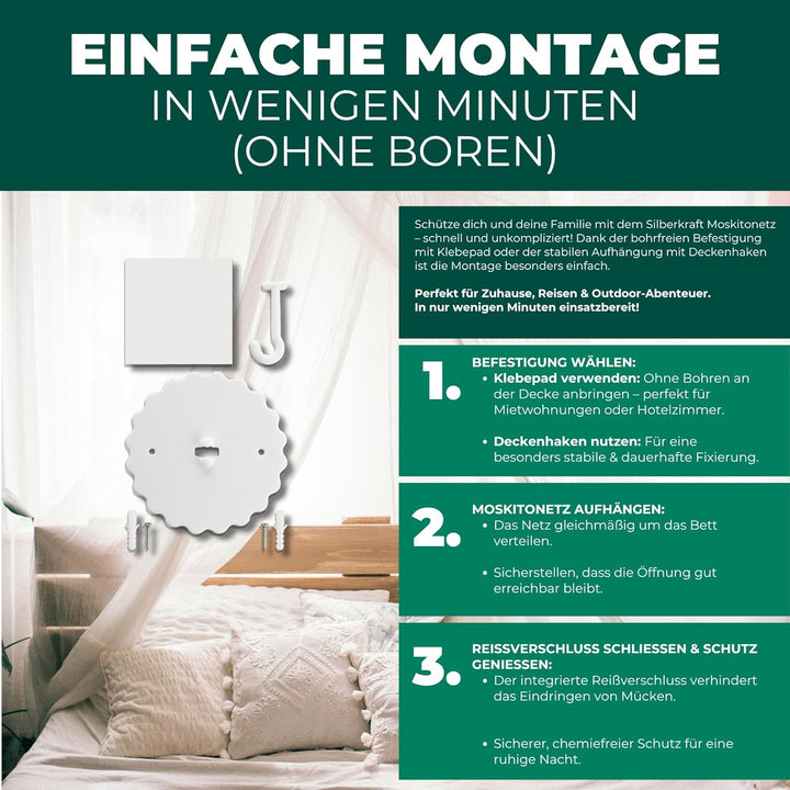 Silberkraft Premium Moskitonetz inklusive Klebehaken, XXL für Doppelbett, Betthimmel mit Reissversch