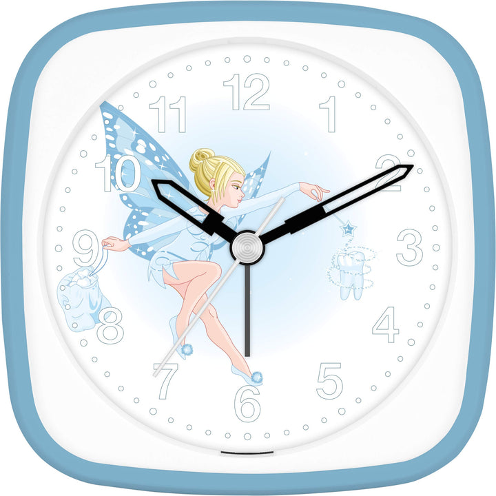 Eurotime Wecker für Mädchen mit Zahnfee Fee, Hellblau Blau Weiss, Kinderwecker, Kunststoffgehäuse un
