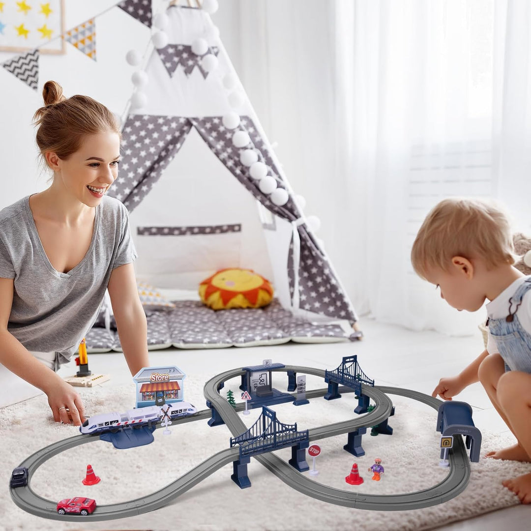 Wdmiya Elektrische Eisenbahn für Kinder ab 3 4 5 6 7 8 Jahren, Flexibler Schienensatz mit 104 Teilen