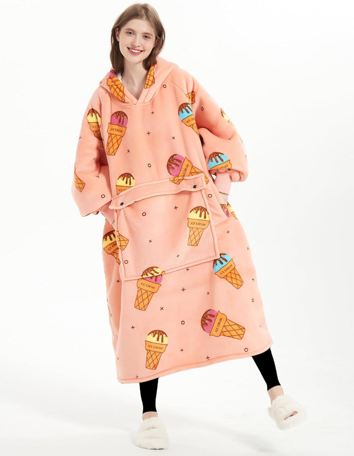 KFUBUO Tragbare Decke Hoodie für Erwachsene Sherpa Alle Muster Eiscreme Übergrosse Sweatshirt Decke