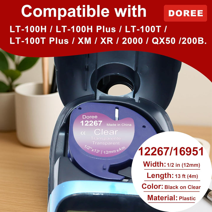 DOREE 10pack Schwarz auf Transparent 16951 12267 S0721530 12mm x 4m,kompatibel mit Dymo Letratge LT-