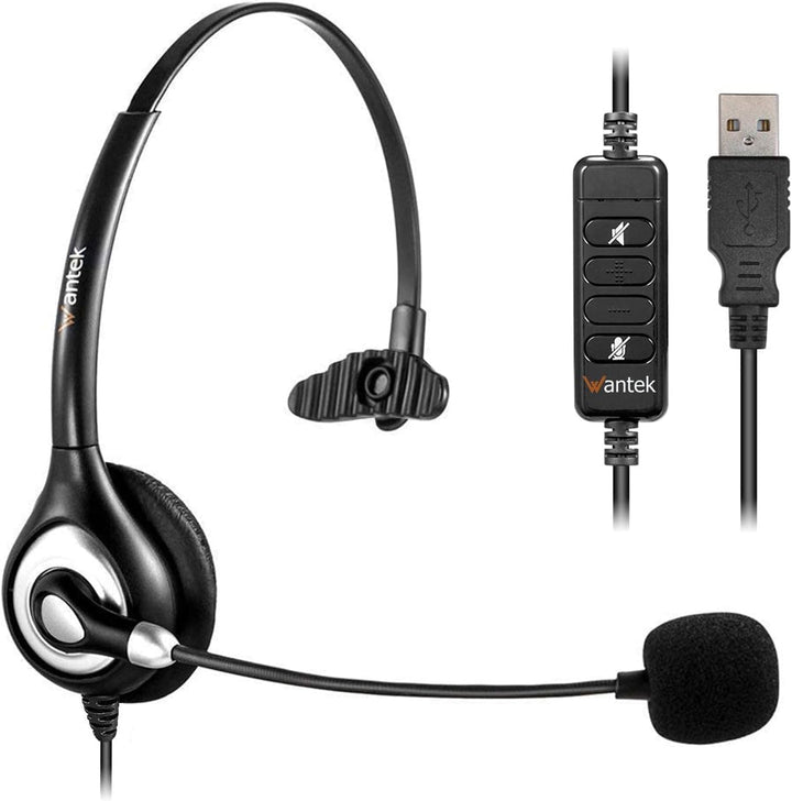 Wantek USB Headset Mono mit Noise Cancelling Mikrofon und Call Volume Control Call Center Headsets m