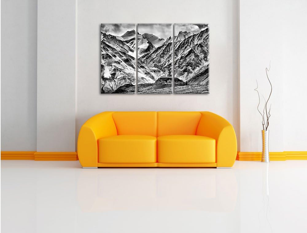 Pixxprint Monocrome, Einsamer Tempel an verschneiten Bergen in Tibet 3-Teiler Leinwandbild 120x80 Bi