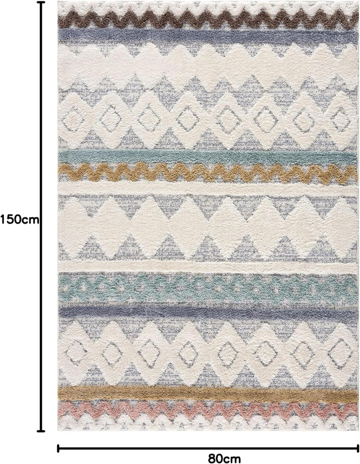 payé Teppich Wohnzimmer - 80x150cm - Hochflor Flauschig Weich - Pastellfarben Multi - Boho Design -