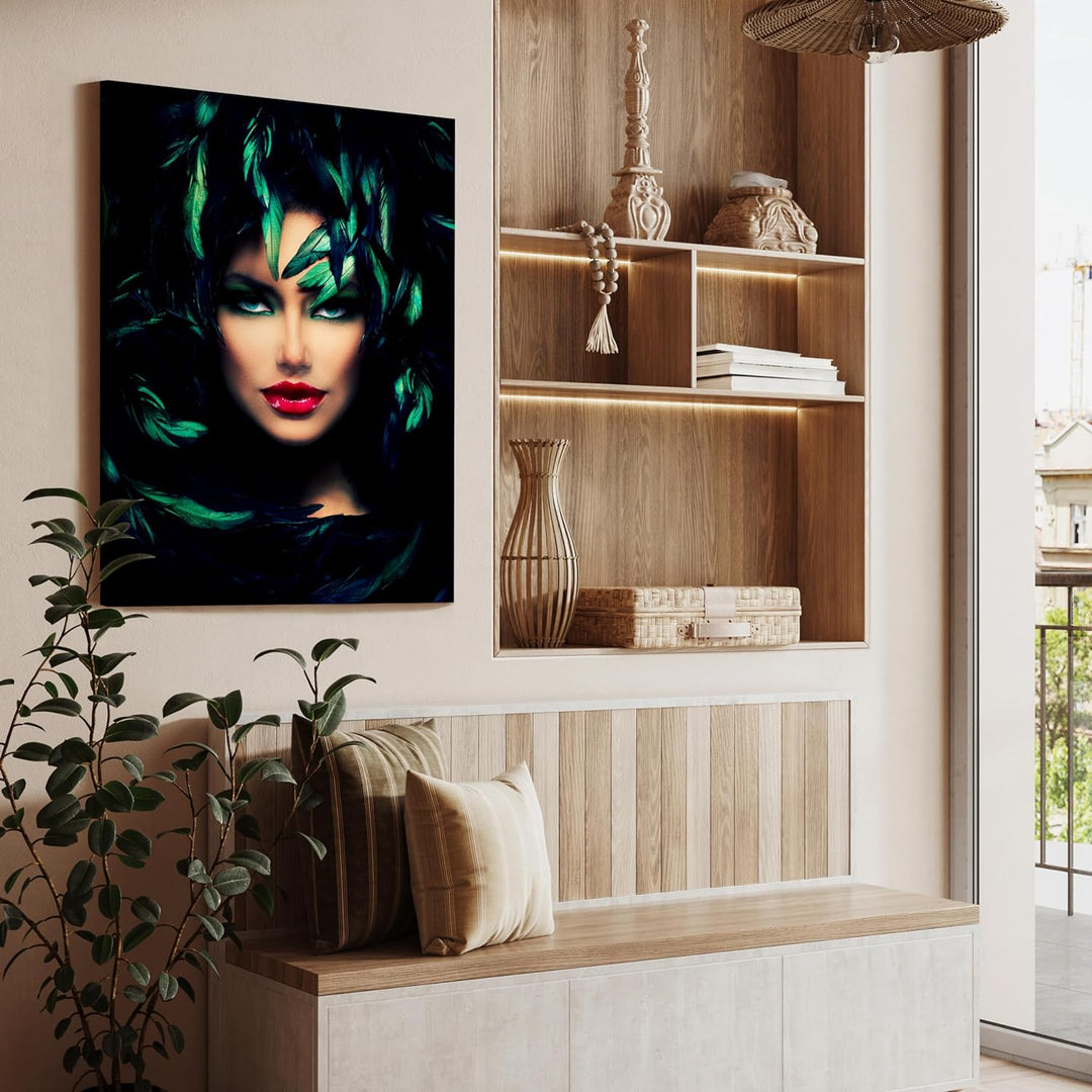 wandmotiv24 Model Motiv als Leinwandbild, 100x75cm, Hochformat, Frau im Dschungel, Pflanzen, rote Li