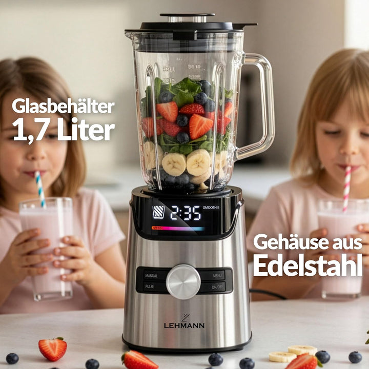 LEHMANN Standmixer mit Glasbehälter 1,7 L & Mix-und-go-Behälter, 10 Geschwindigkeiten, Puls & 3 Prog