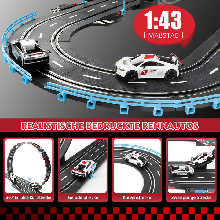 JONRRYIN Autorennbahn Elektrisches Slot Car für Kinder, 1:43 Autobahn Rennstrecke Auto Spielzeug 2 S