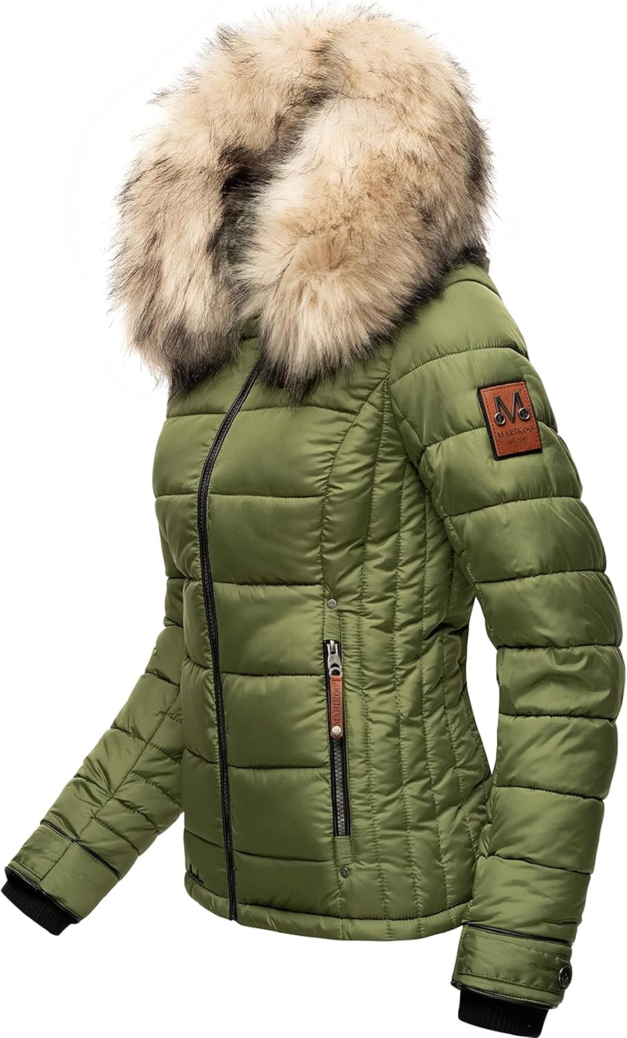 MARIKOO Damen Winterjacke Steppjacke mit abnehmbarem Kunstfell Lerikaa XS-3XL XL Olive, XL Olive