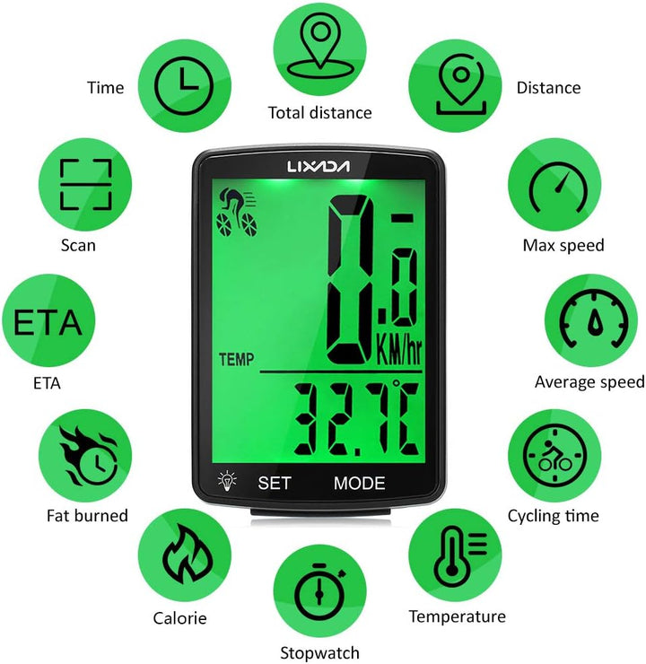 Lixada Fahrradcomputer Drahtloser multifunktionaler LCD-Bildschirm Fahrrad Regendichter Tachometer K