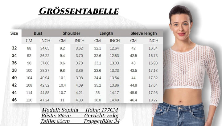 Dirndlwelle Edles Damen 3/4 Arm Dirndlbluse Oktoberfest Weiss Bequem Spitzebluse Schön Rundhals Trac