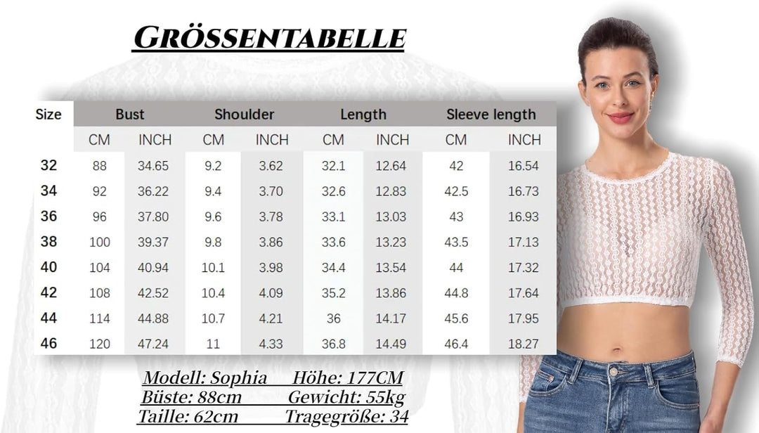 Dirndlwelle Edles Damen 3/4 Arm Dirndlbluse Oktoberfest Weiss Bequem Spitzebluse Schön Rundhals Trac