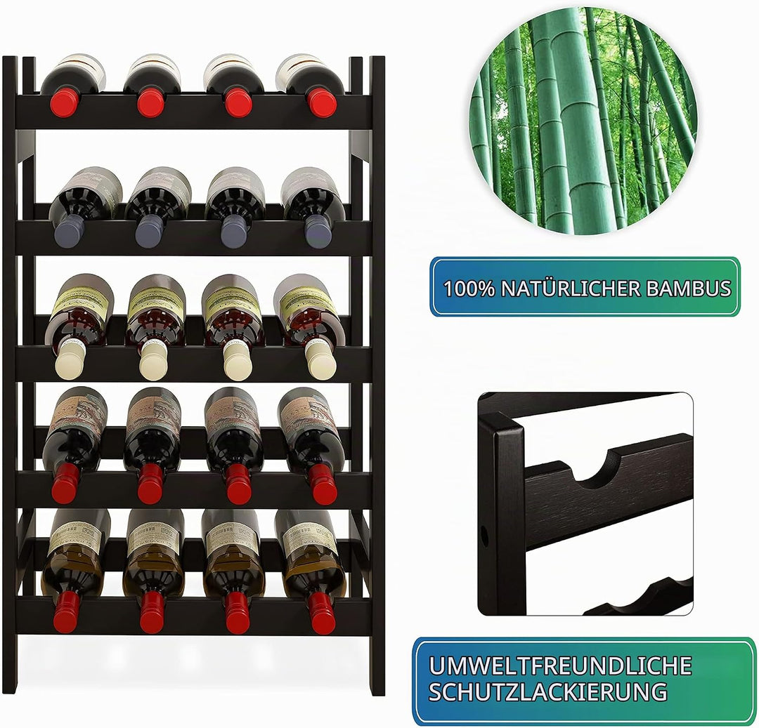 SMIBUY Bambus-Weinregal, 20 Flaschen-Display-Halter, 5-stöckige freistehende Lagerregale für Küche,