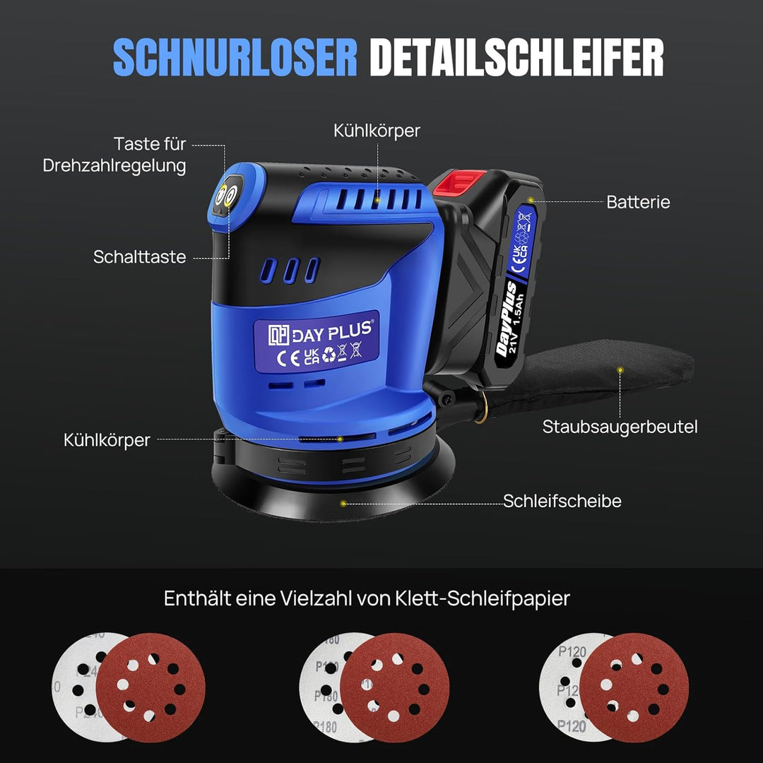 Exzenterschleifer, 280W 11000 U/min mit variabler Drehzahl, 12 Stück Schleifpapier, 125mm Schleifpad