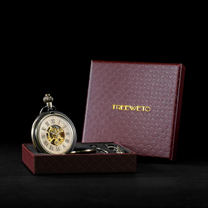 TREEWETO Unisex Taschenuhr mit Kette Analog Handaufzug Antik Skelett Römische Ziffern Bronze