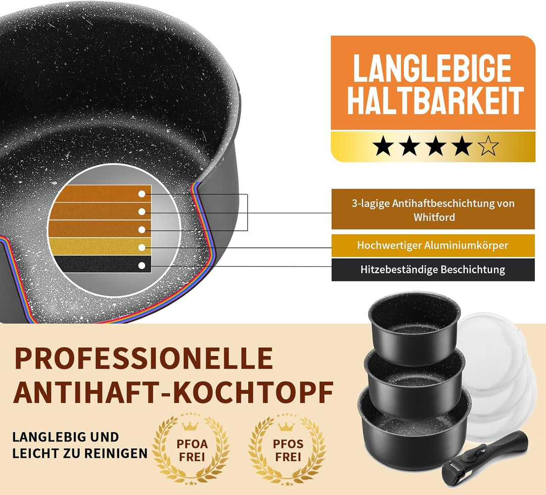 Fadware Kochtopf Set 7 tlg | 16+18+20 cm | 1 abnehmbarer Griff und 3 PE-Dichtungsdeckel | Induktion