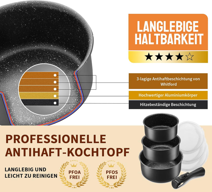 Fadware Kochtopf Set 7 tlg | 16+18+20 cm | 1 abnehmbarer Griff und 3 PE-Dichtungsdeckel | Induktion