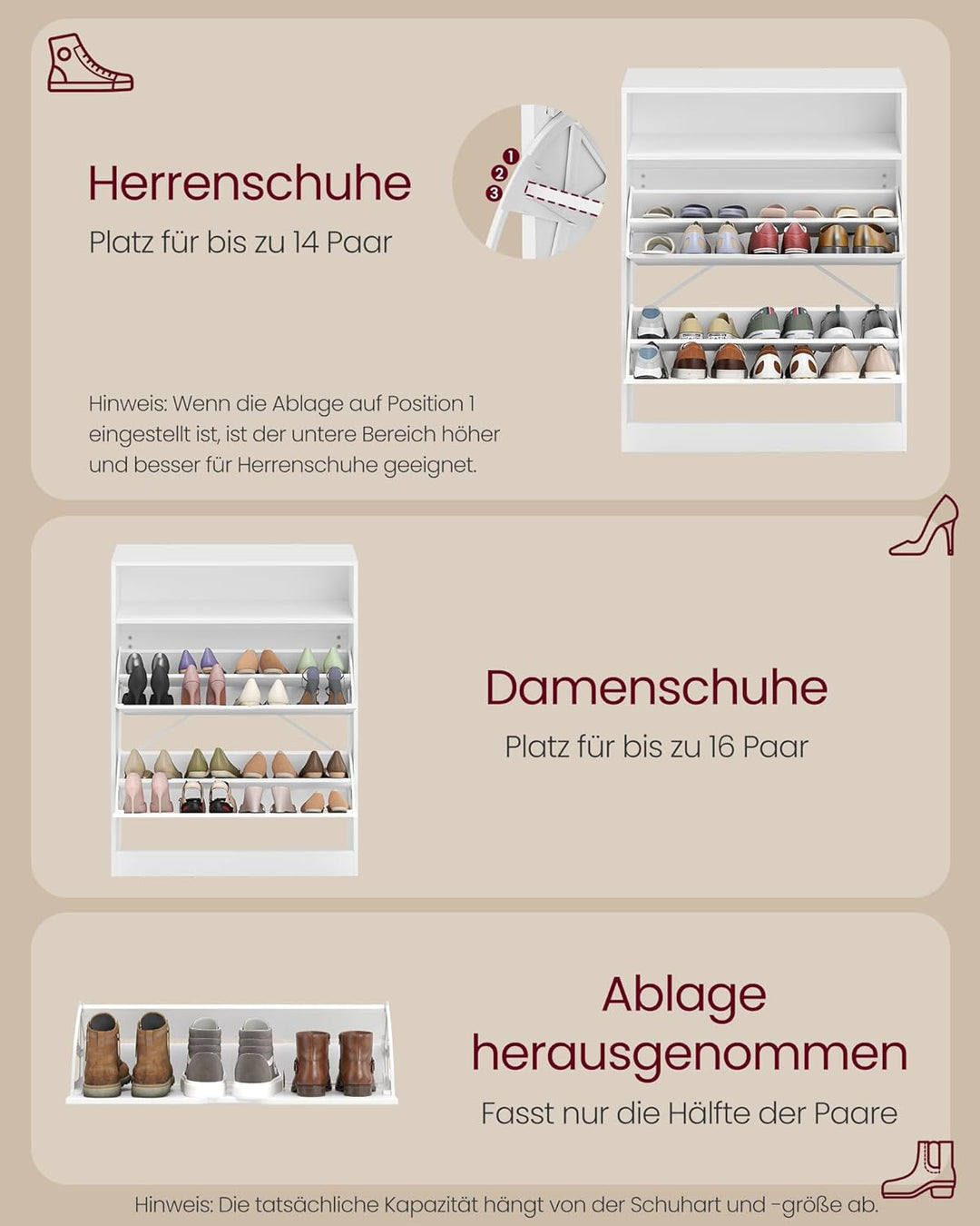 VASAGLE Schuhschrank 2 Klappen, Schuhkipper, Schuhregal, Schuhaufbewahrung, offenes Fach, Trennwand
