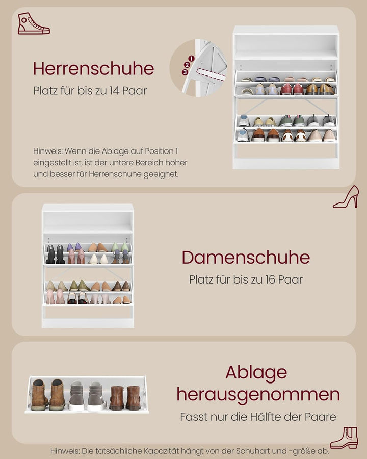 VASAGLE Schuhschrank 2 Klappen, Schuhkipper, Schuhregal, Schuhaufbewahrung, offenes Fach, Trennwand