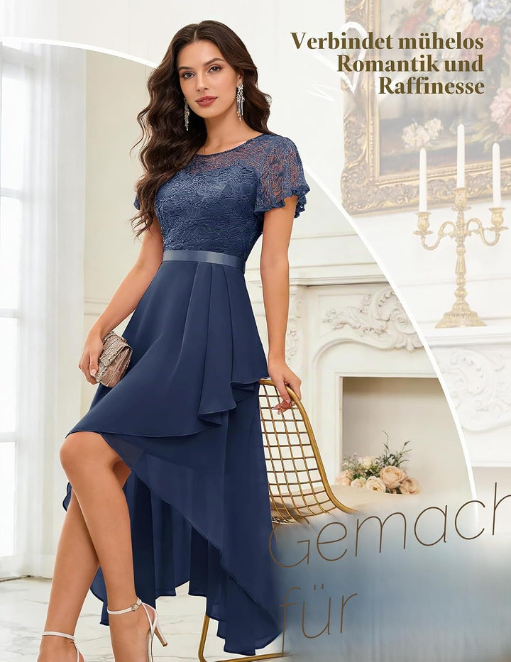 Wedtrend Abendkleid Damen Elegant Cocktailkleid High Low Ballkleider mit Spitzen A Linie für Hochzei
