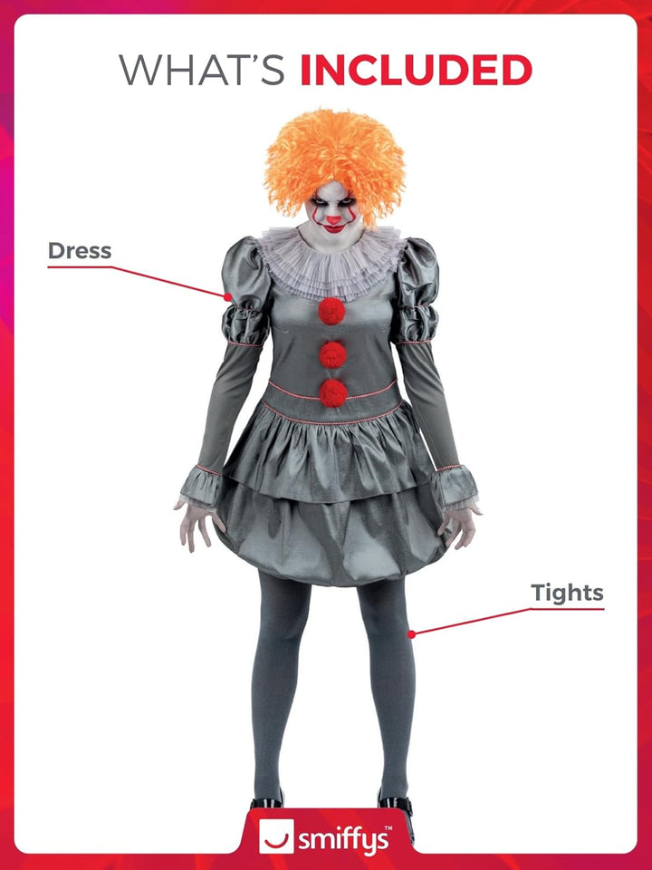 Smiffys IT Chapter Two Pennywise Kostüm für Erwachsene, Kleid mit Nackenrüschen und Strumpfhosen, gr